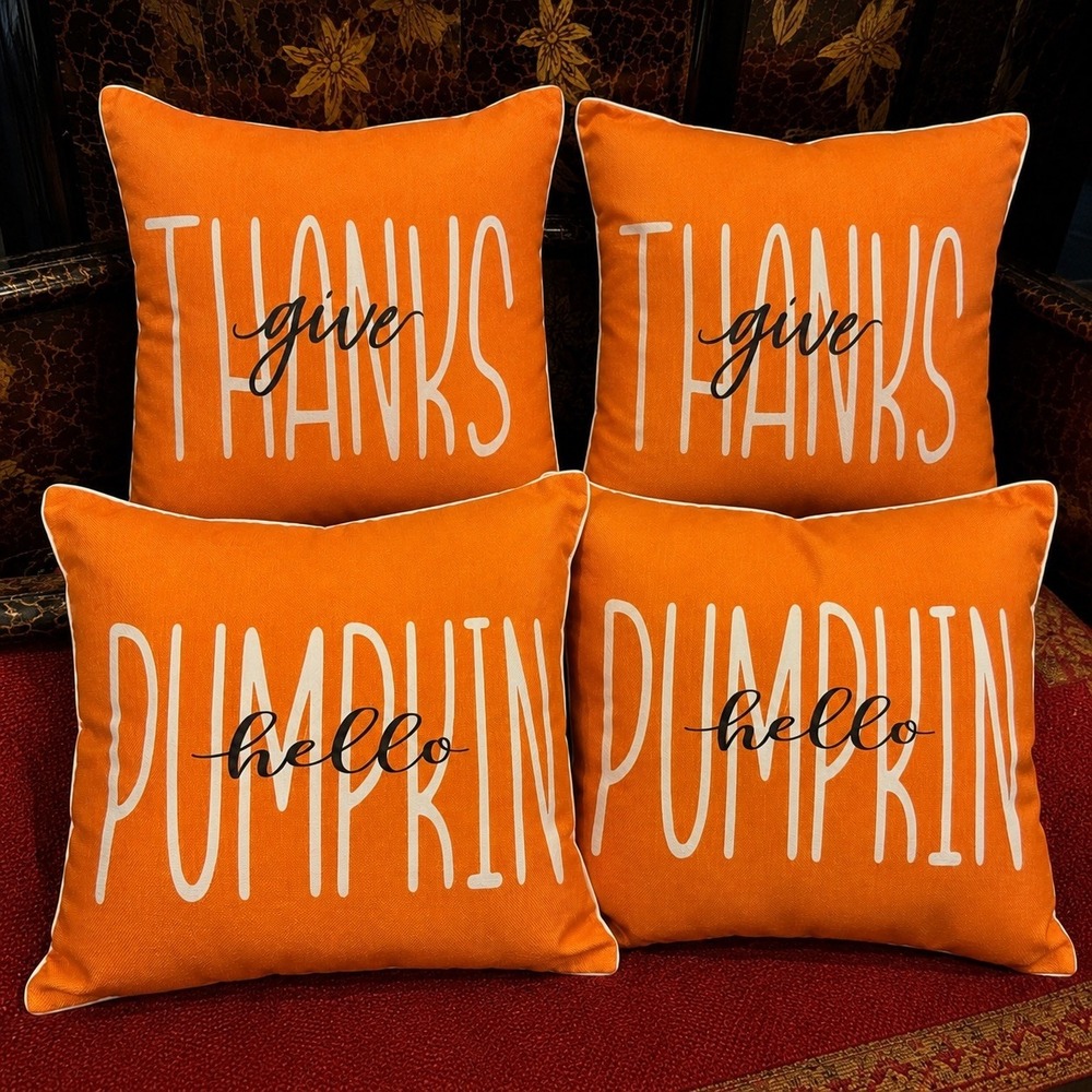 Happy Fall Hello Pumpkin Throw Pillow Covers, 18 X 18 Inch Autumn Thanksgiving